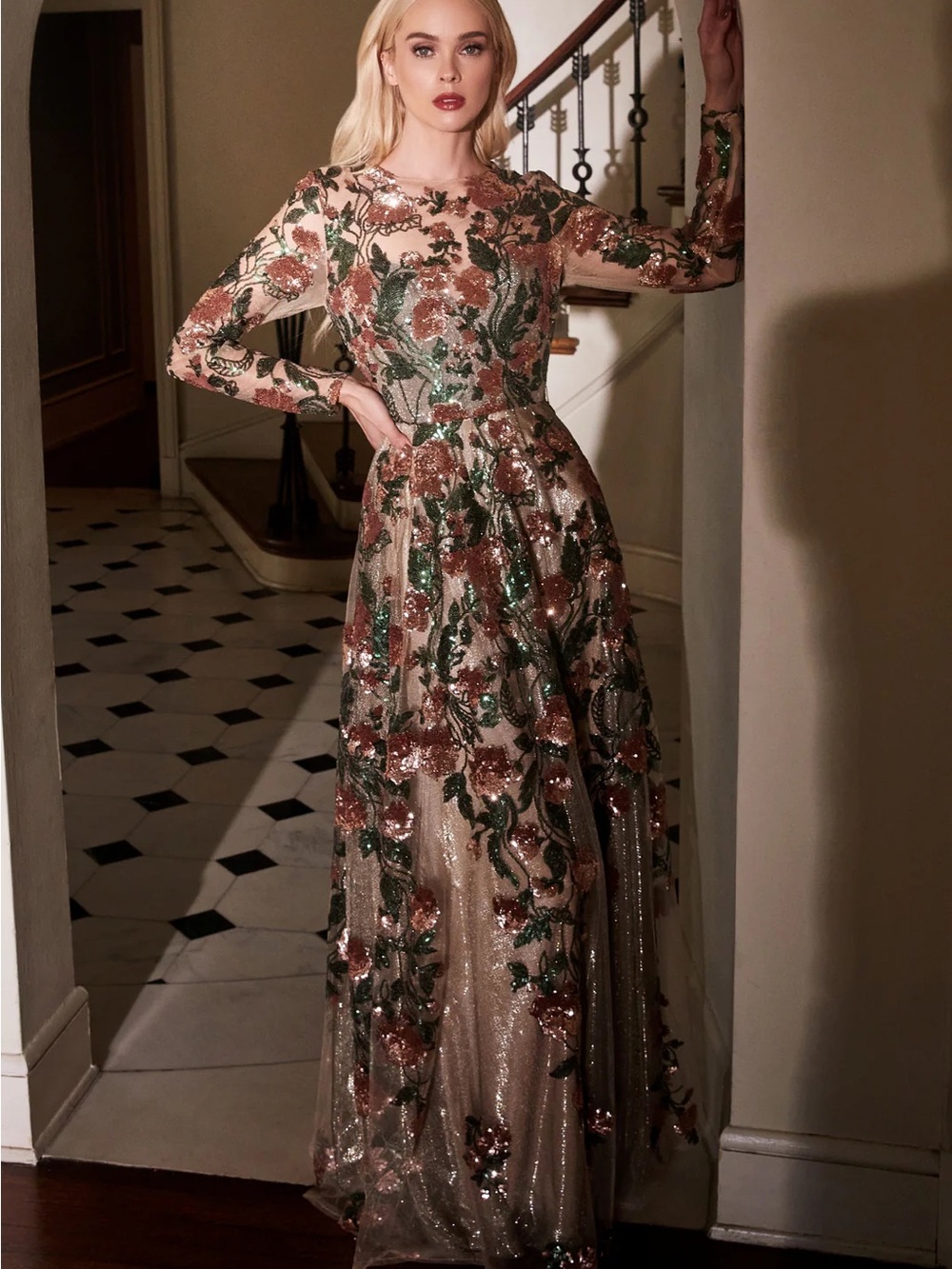 Sequin Floral Long Sleeve Gown in Rose Gold and Green
